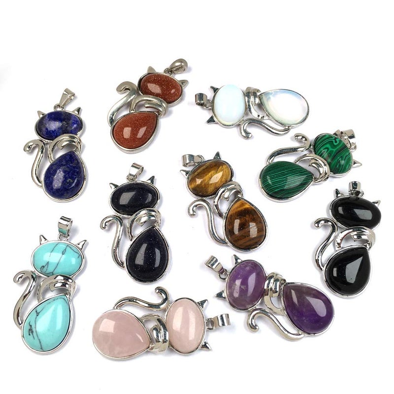 LE SKY Natural Stone Pendants cat Shape Healing Stone Pendant Crystal Agate Charms for Jewelry Making DIY Random 8 Pcs - Image 3